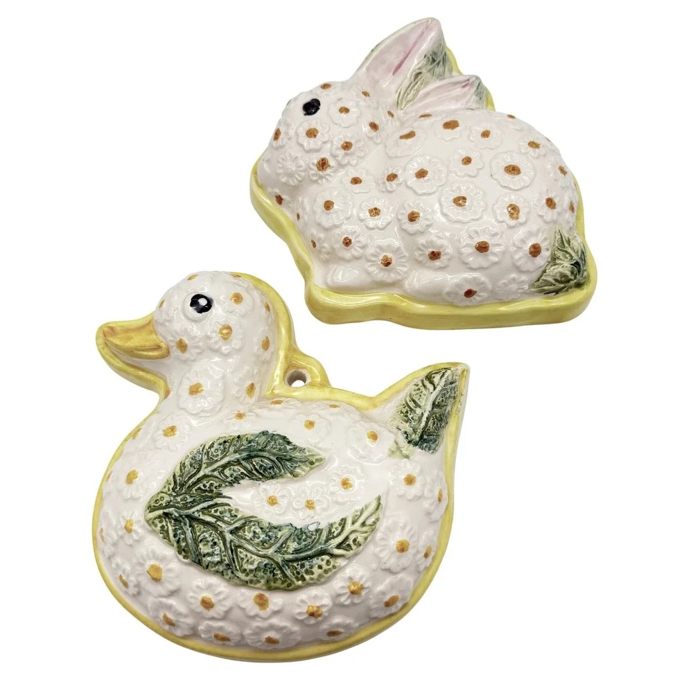 VTG Italian Ceramic Molds Duck Bunny Rabbit Daisy Floral Wall Decor Set 2